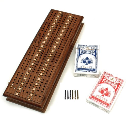 WE Games Custom Engraved Monogram Cabinet Cribbage Set - Solid Oak Medium Stained Wood with Inlay Sprint 3 Track Board with Metal Pegs & 2 Decks of Cards