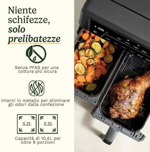 Air Fryer XXL Doppia Zona | PFAS Free | 2x5,2L | Frigge, cuoce, disidrata, mantiene caldo | 8+ porzioni | Parti lavabili in lavastoviglie