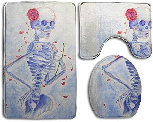 WEEDKEYCAT Flower Skull Skeleton Non Slip Large Home Bathroom Rugs Doormats,Soft Toilet Rug U-Shaped Mat,Luxury Round Toilet Lid Cover 3 Pieces Set