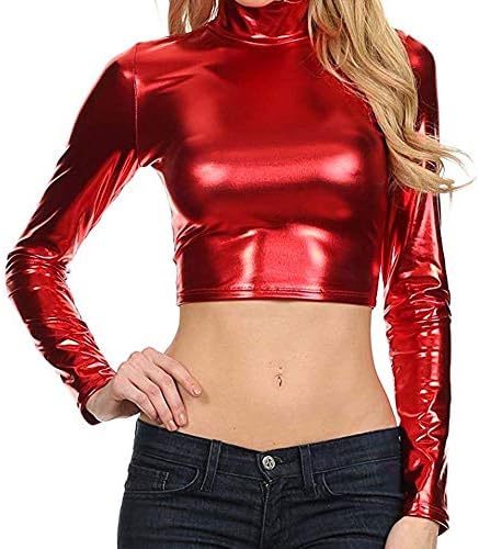Orangeskycn Womens Pullover Metallic Liquid Party Mock Turtleneck Crop Short Top Tunic Blouse