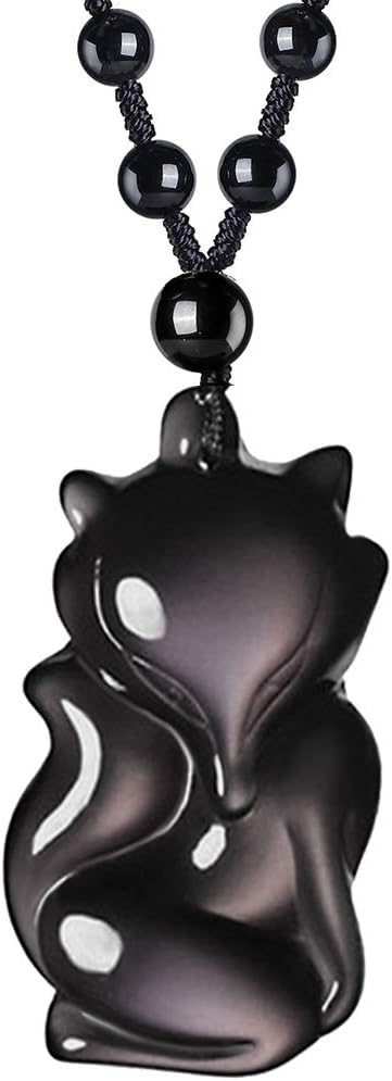 Jia Weimei Natural Black Obsidian Jewelry Pendant Amulet Gemstone Choker Lucky Fox Necklace for Women
