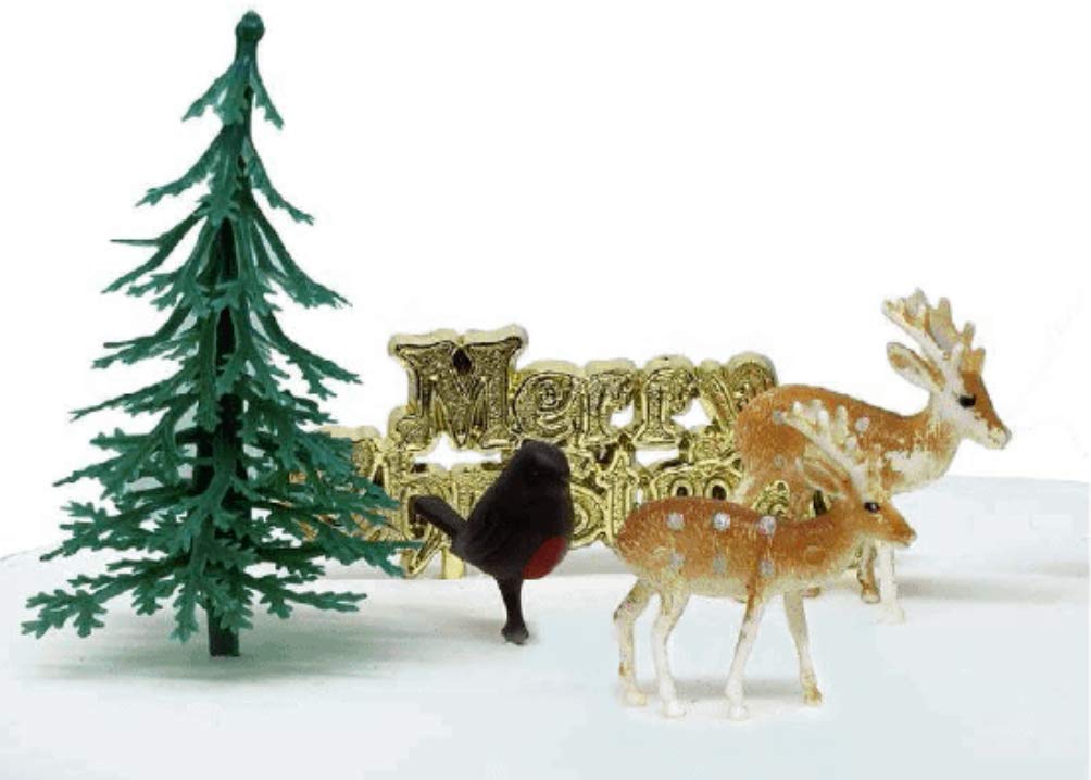 Anniversary House 5-Piece Woodland Christmas Display Decoration Set – Reusable Plastic Reindeer, Fir Tree, Robin & Motto Sign – Non-Edible Festive Décor Accents for Tabletop Displays & DIY Crafts