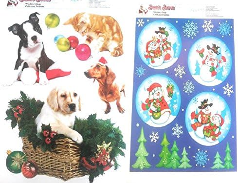 2 CHRISTMAS Dog + Cat &amp; Snowmen Glitter Window Clings Bundle Large Visible from Both Sides Reusable Great Value