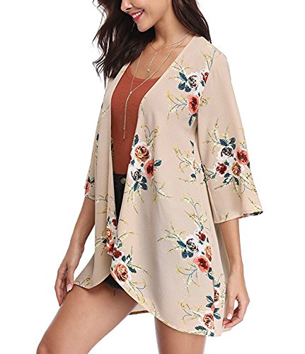PopStore Women's Floral Print Sheer Kimono Cardigan Capes Chiffon 3/4 Sleeve Patchwork Casual Cover up Blouse Tops - Thumbnail 2