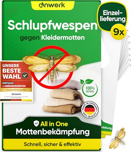 anwerk® Schlupfwespen gegen Kleidermotten - 9x Karten à 1 Lieferung - Effektiv Kleider Motten bekämpfen - Alternative zur Mottenfalle, Mottenspray, Ph