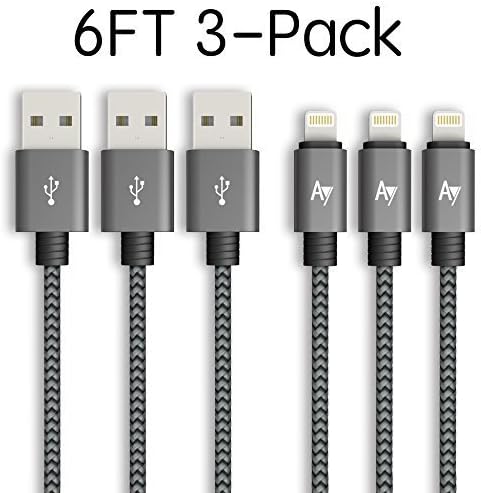 AYIPE USB to iPhone Lightning Cable Long [3-Pack] - 6.6 Feet (2 Meters) - GrayBlack - Nylon Braided