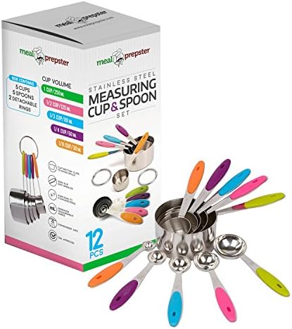 Stainless Steel Metal Measuring Cups and Spoons Set (12 pieces) - Stackable, Engraved & Rust Proof with Color Coded Silicone Handles | For Liquid, Dry Food, Baking, Diet Meal Prep Cook Kitchen Gadgets