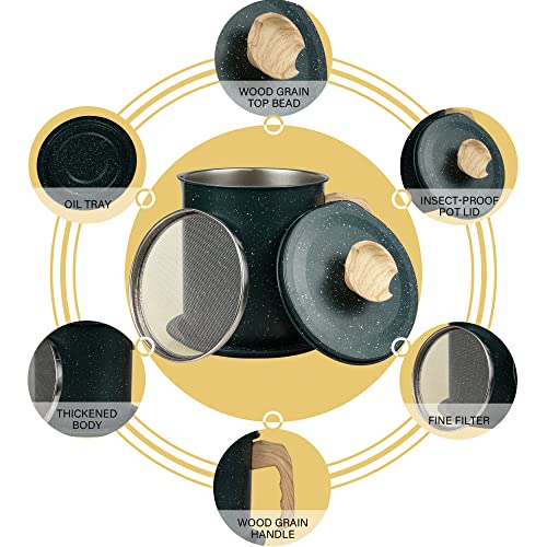 Bacon Grease Container with Strainer 1.4 L / 6 Cup Stainless Steel Kitchen Oil Can Filter with Fine Mesh Strainer, Lid and Drip Tray for Used Cooking Oil, Fat, Frying Oil (DARK GREEN)