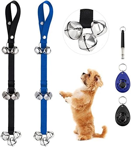 Dog Doorbells for Puppy Potty Training Pack of 2 Rainbowee Adjustable Potty Bell with 7 Extra Large 1.4" Loud Bells for Dog Training &amp; Housebreaking include 2 Clickers and One Dog Whistle
