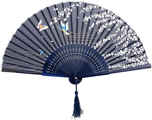 Leazeey Flower Butterfly Printed Japanese Silk Handheld Fan Blue