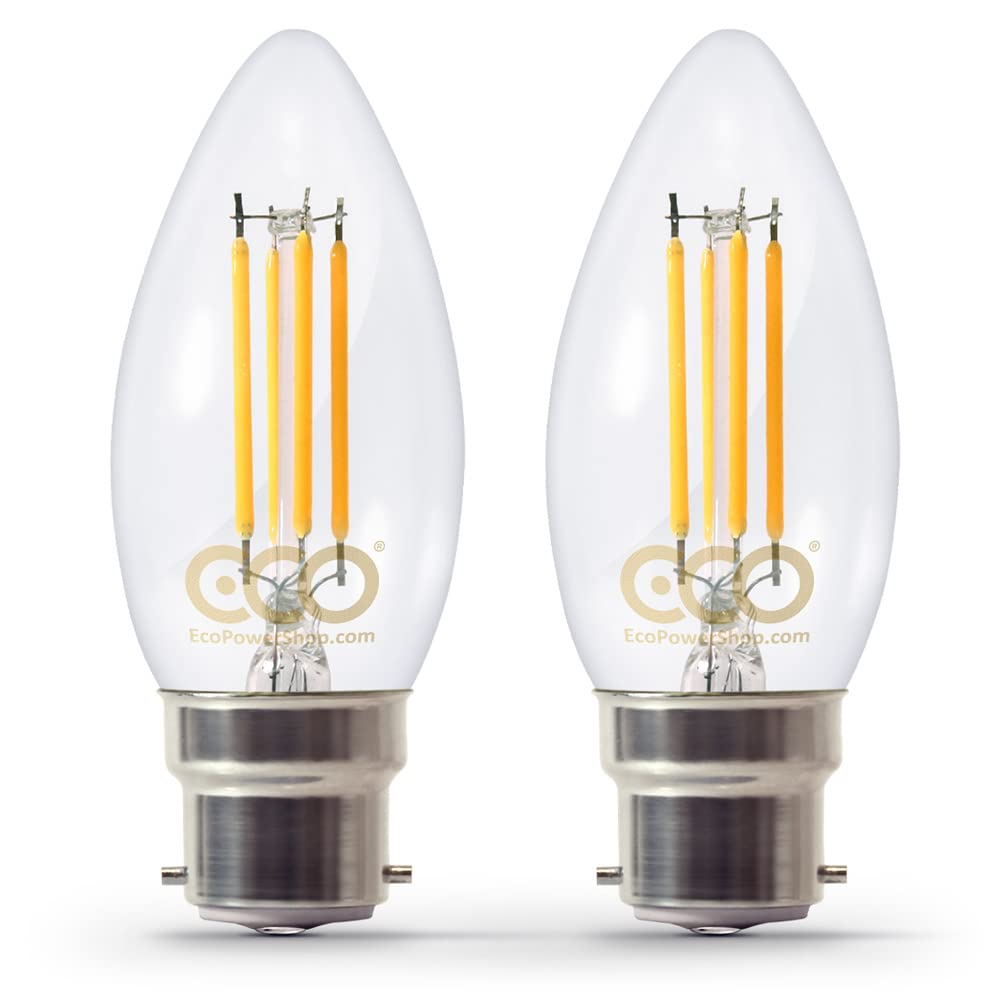 ECO 40W Dimmable Energy Saving Candle Light Bulb, Low Power 4W Vintage Style LED Filaments, 400 Lumen, Clear Glass, Warm White (2700K), B22 Large Bayonet Fitting, 25000Hrs Lifetime. (2xPACK)