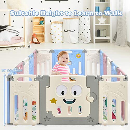 Costzon Foldable Baby Playpen, 16Panel Baby Play Yards with Lock Door & AntiSlip Rubber Bases