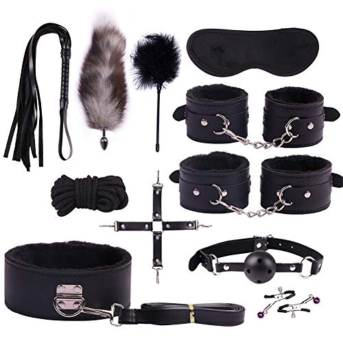 11 Piece Leather Bondage Restraints Set Kit for Bed and Under Bed Sex Play SM Bondage Toy Gear Wrist Cuffs Gags Collar Spanking Nipple Rope Strap On Harness for Women Couples Lesbian Female,Black
