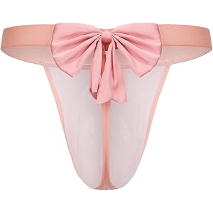 BSZN Men's Sheer Mesh Thong, Pink Detachable Bow Underwear, Low Rise Tight Fit High Stretch Briefs