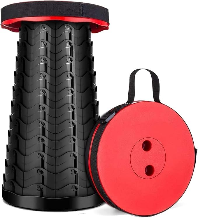 BRAVECOW Folding Stool Portable Telescopic Retractable Foldable Seat Adjustable Collapsible Lightweight Plastic Stool Indoor Outdoors Camping Hiking Travel BBQ Fishing (Red)