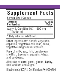 Bluebonnet acetilo L-CARNITINE 500 mg Vitamina Cápsulas, 60 Count