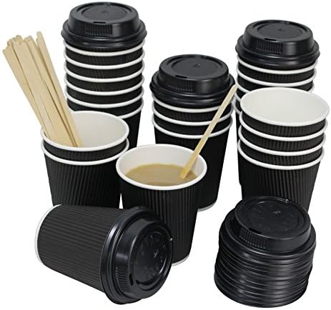 QuaCity Set of 50 Insulated Disposable Ripple Cups 8 Oz with Black Lids and Wood Stirrers - Perfect for Hot and Cold Beverages - No Soaking or Smells - Take To Go (Black)