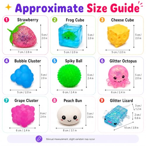 9 Pack Squishy Squeeze Toys, Random Color Soft Fidget Toys for Stress Relief, Cute Animal Fruit Food Shapes, Mini Desk Sensory Fidget Set for Adults and Teens