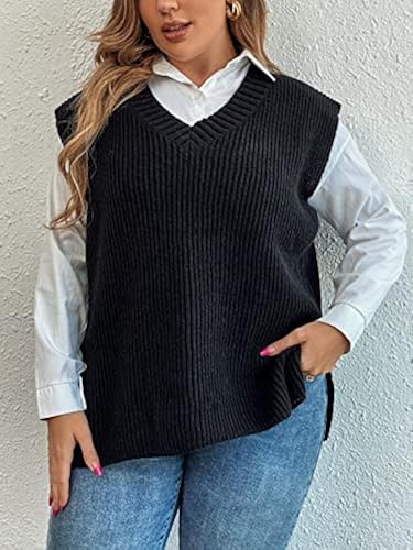 OYOANGLE Women's Plus Size Rib Knit Sweater Cap Sleeve V Neck
