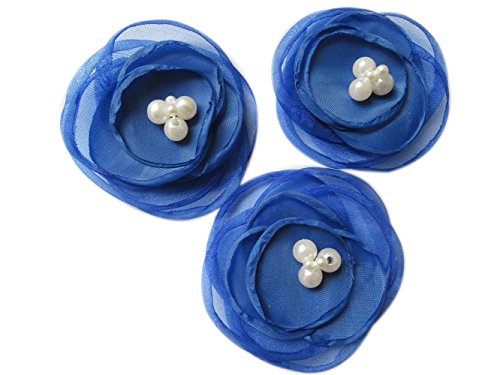 YYCRAFT Pack Of 6 Organza Fabric 2.5" Poppy Flower Pearl-Royal Blue