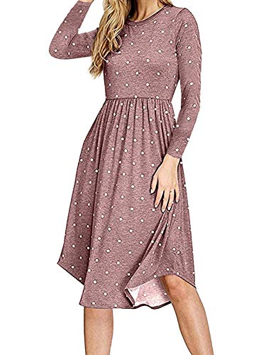 kigod Women Casual Polka Dot Long Sleeve Vintage Swing Pleated Loose Party Midi Dress with Pocket (Coffee, Medium)