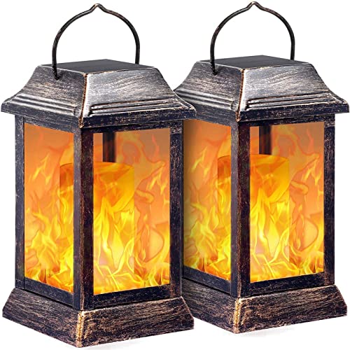 TomCare Solar Lights Metal Flickering Flame Solar Lantern Outdoor Hanging Lanterns Heavy Duty Waterproof Flame Lights for Garden Patio Pathway Deck Ya