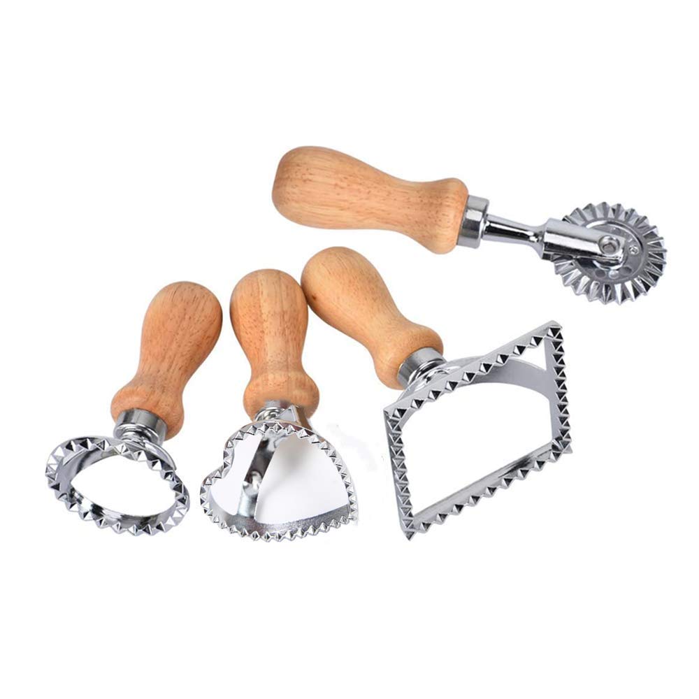 Bkrdty Ravioli Stamp set 4 pieces Pasta Making Tools Square Round Heart Wheel Maker Mold with Wooden Handle for Ravioli Empanadillas Cookies Dumplings