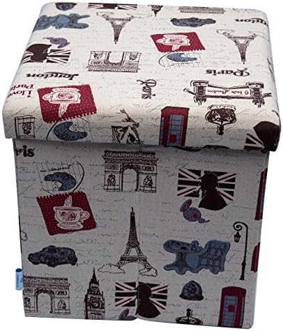 Fsobellaleo Linen Folding Storage Ottoman Cube Foot Rest Stool Coffee Table15"x15"x15" (paris-red)