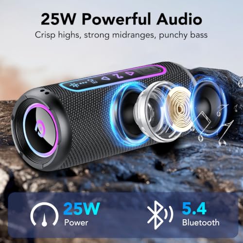 Bluetooth Speaker 5.4, 25W Powerful Portable Bluetooth Speaker with Powerful Bass, 24H Battery Life, RGB Light, TWS Stereo Wireless Speaker, IPX7 Waterproof, Speaker for Parties Travel, AUX/TF