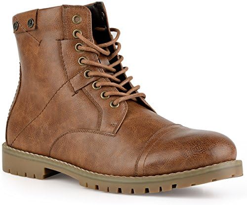 PIQYDNA Men's Leather Dress Boots Stylish Cap Toe Combat Boots Brown