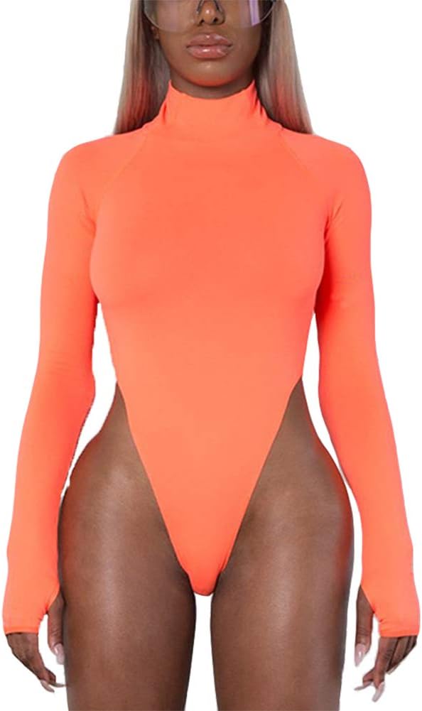 Women Turtleneck Sexy Long Sleeve with Thumb Holes High Cut Bodysuit Candy Color Bodycon Jumpsuit Leotard Top