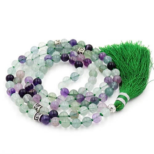Mala Beads Necklace, Mala Bracelet, Buddhist Prayer Beads Necklace, Tassel Necklace (Rainbow Fluorite)