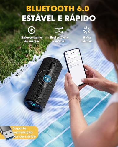 Caixa de Som Bluetooth Portátil GoFree2, Caixinha de Som Potente de 40W Máx com Graves Profundos, IP67 à Prova D'Água, 12H Bateria, Conexão USB e Bluetooth 6.0, Luzes LED para Praia, Piscina e Outdoor