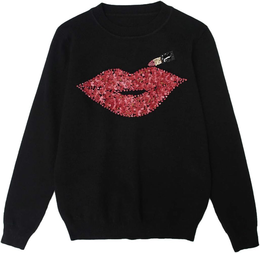 red jumper with sequin lips