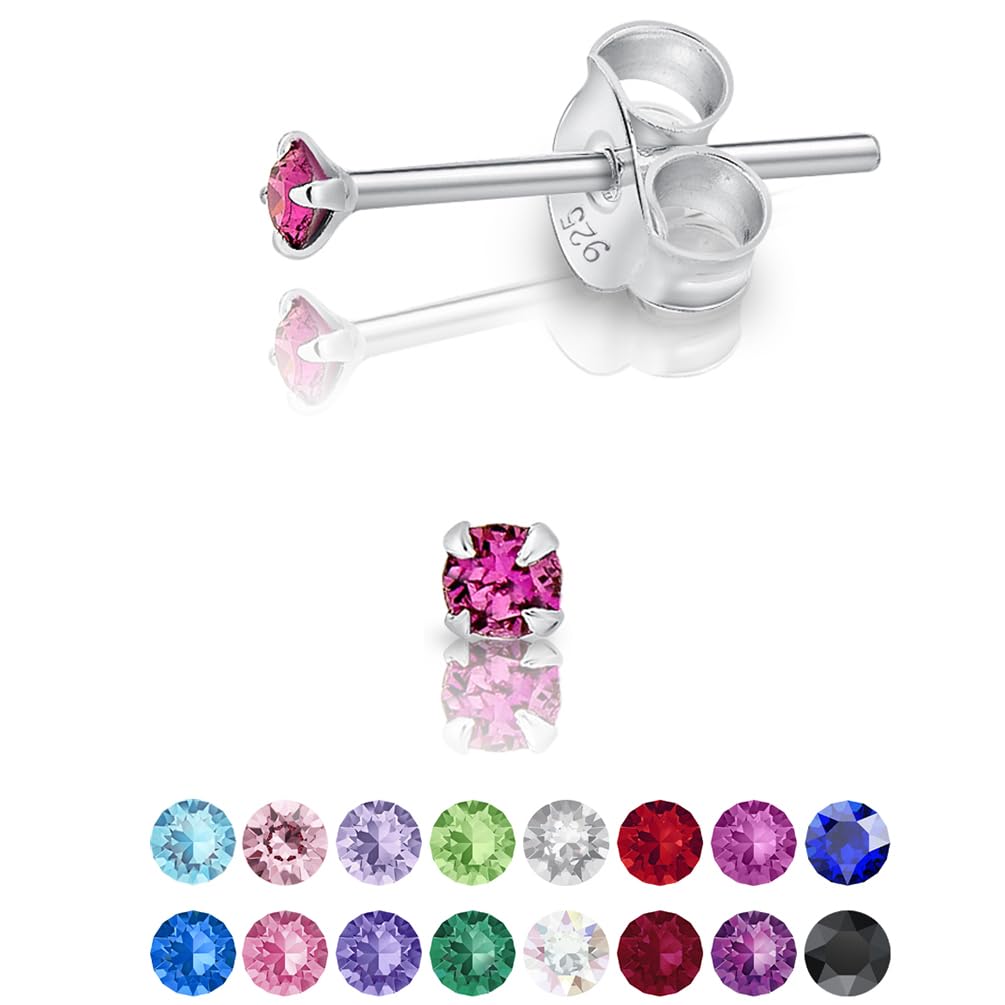 925 Sterling Silver Round Tiny Stud Earrings made with Glittering Crystals - Small Silver Studs Earrings for Woman - Diameter: 2 mm - Colour : Purple Amethyst