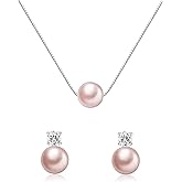 Sterling Silver Pearl Necklace and Earring Set for Girls,8mm White Pink Round Pearls Women Jewelry for Wedding Birthday Christmas Graduation Bridal Shower Gifts for Her,Adjustable 925 Silver Chain(12-18 inch)