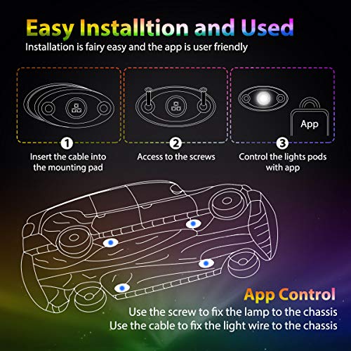 AMBOTHER LED RGB Rock Lights APP Control 4Pods Underglow Waterproof Neon Lighting Kit for Off Road Trucks Jeep ATV SUV Vehicle