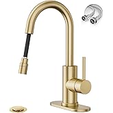 Phiestina High Arc Pull-Down Bathroom Faucet, Brushed Gold Single Handle with Pull Out Sprayer & Pop-Up Drain, 1 or 3 Hole 2 Model RV Bar Laundry Utility Sink Faucet with Deck Plate, WE08CL-ZY-BG