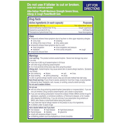 ALKA-SELTZER PLUS MAXIMUM STRENGTH POWER MAX SINUS, ALLERGY AND COUGH MEDICINE FOR ADULTS AND CHILDREN 12 YEARS AND OLDER – RELIEVES SYMPTOMS FROM ALLERGIES, COLDS OR HAY FEVER, 24 COUNT