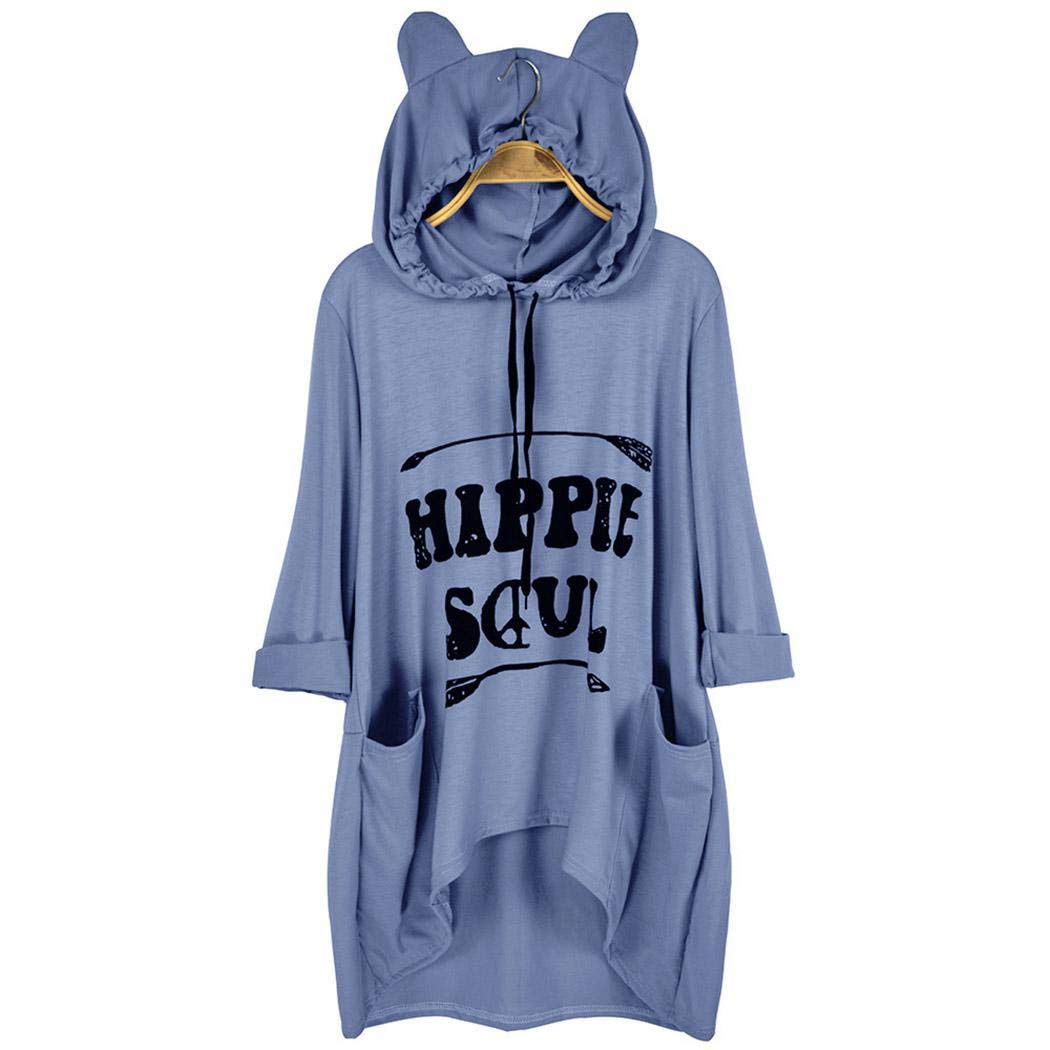 Weardear M-5XL Women Loose Casual Hooded T-Shirt Asymmetrical Design Top Knits & Tees Blue