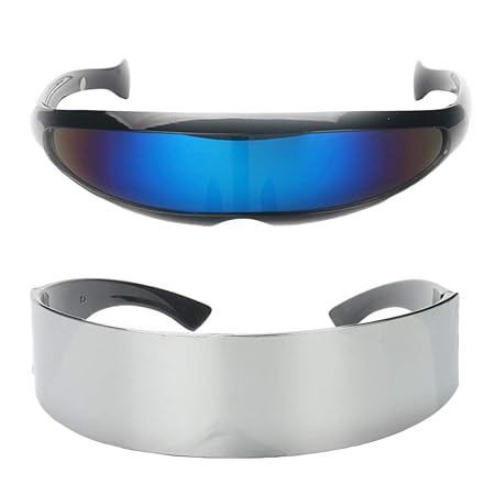 D DOLITY Pack von 2pcs Fun Metallic Silber Narrow Blue Futuristische Soldat Space Alien Robot Kostüm Sonnenbrille Cosplay Zub