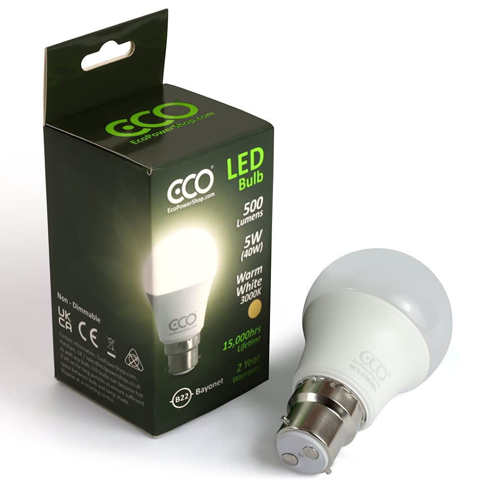 ECO 40W 2 Pin Bayonet B22 Energy Saving LED Light Bulb, Low Energy 5W LED, Bright 500 Lumens, 15,000Hrs Lifetime.