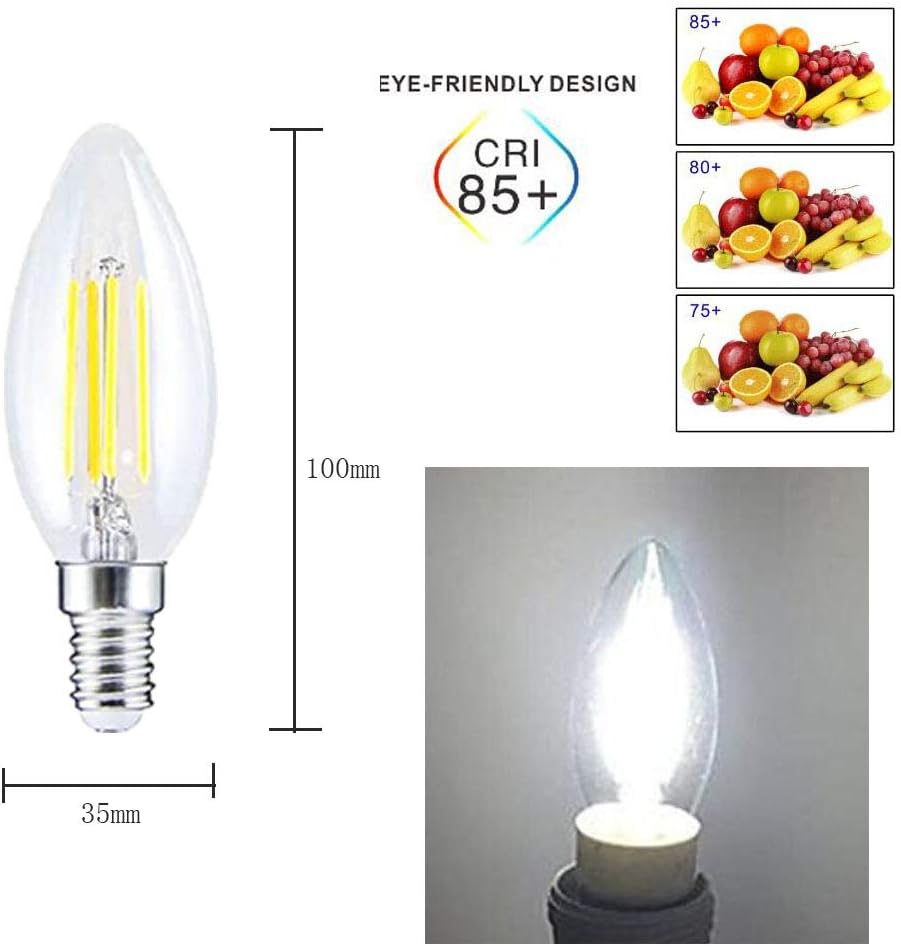 BANGSHUO Pack 10 E14 Vintage Candelabra LED Bulb 4W C35 400 Lumens Cool White 6000K Chandelier Light Bulbs C35 Filament LED Candle Bulb No Dimmable - Image 3