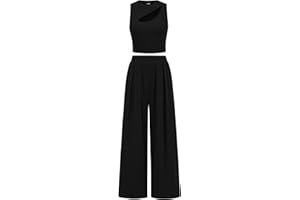 BTFBM Women 2 Piece Outfits Spring Summer Tracksuits Mock Neck Sleeveless Cutout Crop Top Wide Leg Long Pants Sweatsuits