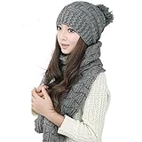 XILALU Women's Warm Woolen Knit Hood Scarf Shawl Caps Hats Suit 1 Set (Gray)