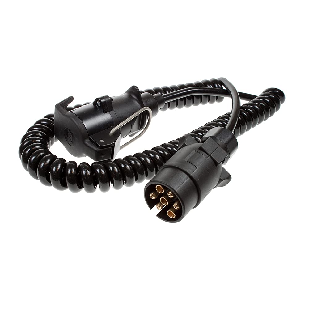 Maypole 2.5 m 7 Core Curly Extension Lead with 7 Pin Plug and 7 Pin Flying Socket, used to supply lighting functionality to trailers