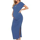 Smallshow Women's Split Long Maternity Dress Short Sleeve Ruched Pregnancy Clothes