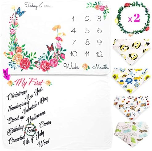 Baby Monthly Milestone Blanket - Fleece Blanket| Large 60'x40'| Rose Design for Girls, Boys|Infant Photography Props Backdrop|Newborn Keepsake Gifts| Baby Shower Gifts Idea Free Bibs + 2 Frames