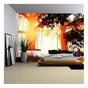 Aligators in Mysterious Fairy Tale Fantasy Deep Jungle in Water at Night 3D Illustration - Removable Wall Mural | Self-Adhesive Large Wallpaper - 66x96 inches
