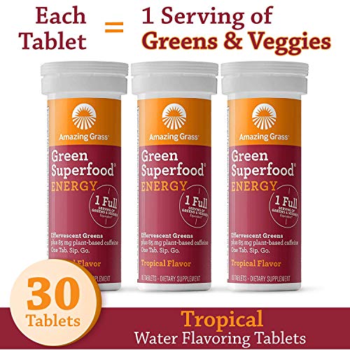 Amazing Grass Effervescent Tablets, Green Superfood Energy Water Flavoring Tablet, Antioxidant Supplement with Green Tea Caffeine and Alkalizing Greens, Tropical Flavor, 30 Count